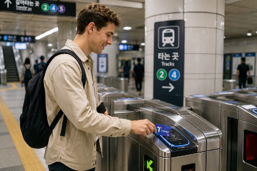 Western traveler using a transportation card at a Seoul subway station