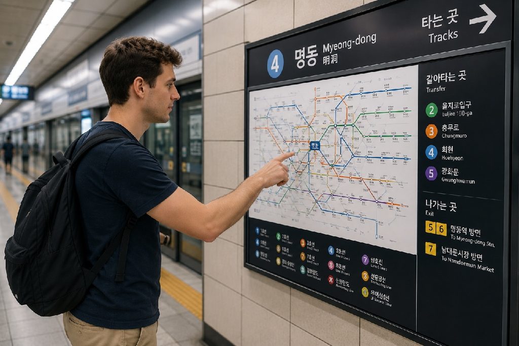 Western traveler checking a Seoul subway map in South Korea