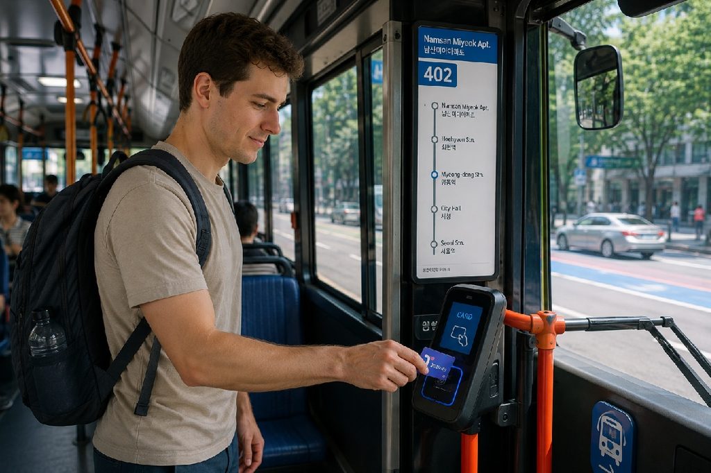 Western traveler tapping a transportation card on a Seoul city bus