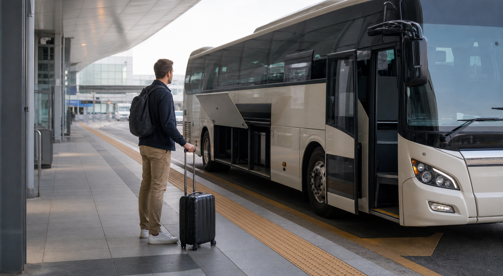 International traveler waiting to board an airport limousine bus at Incheon Airport