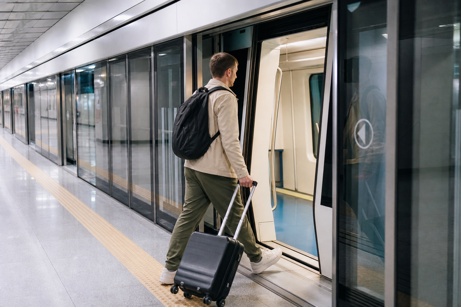 International traveler boarding an airport railroad train at Incheon Airport