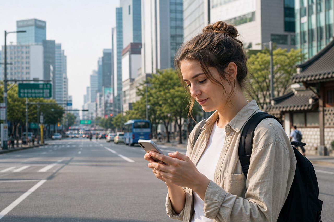 International traveler using a navigation app on a Seoul street