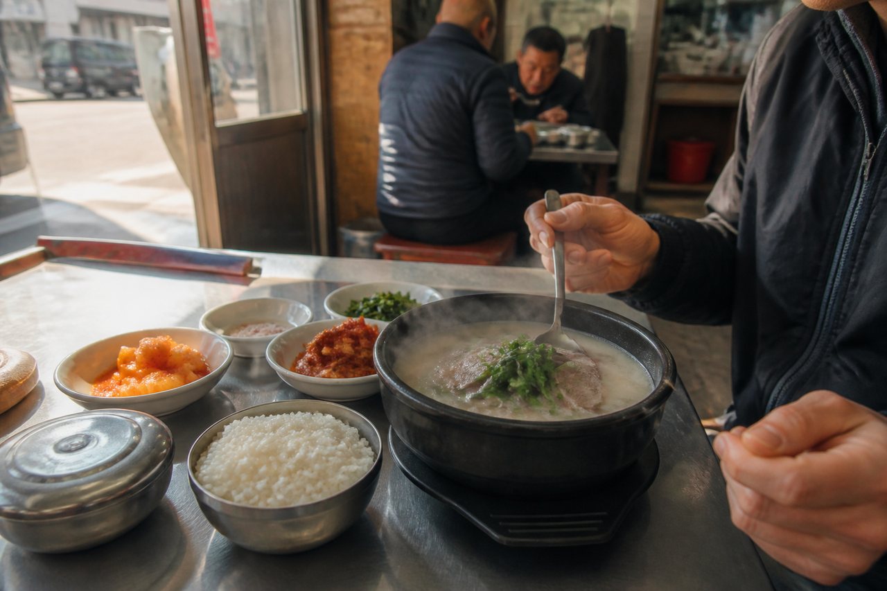A steaming bowl of Busan-style pork soup in a neighborhood restaurant