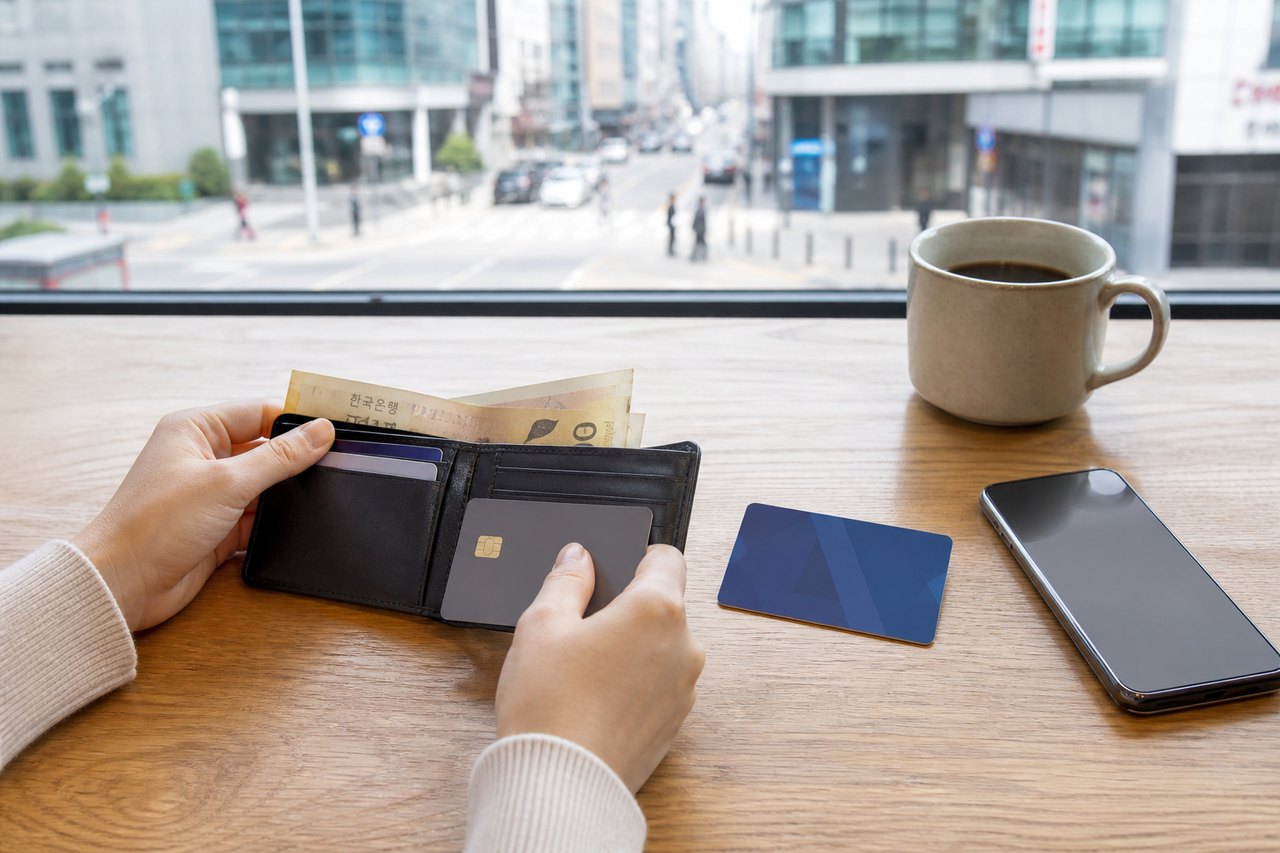 Traveler organizing cards and Korean won cash for a South Korea trip