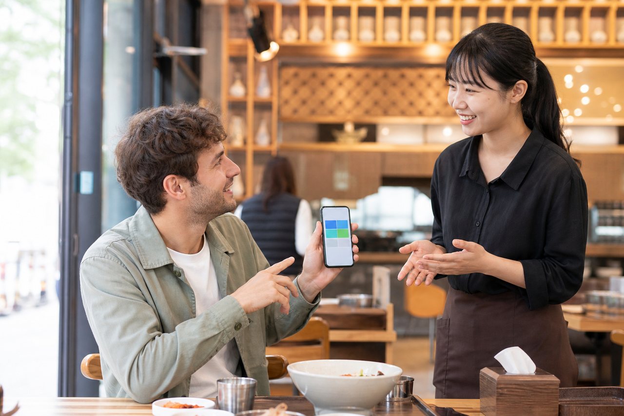 AI illustration of a traveler using translation apps for South Korea travel at a restaurant