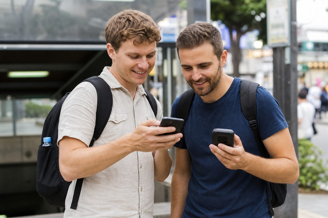 Two international travelers sharing a pocket WiFi router while navigating Seoul
