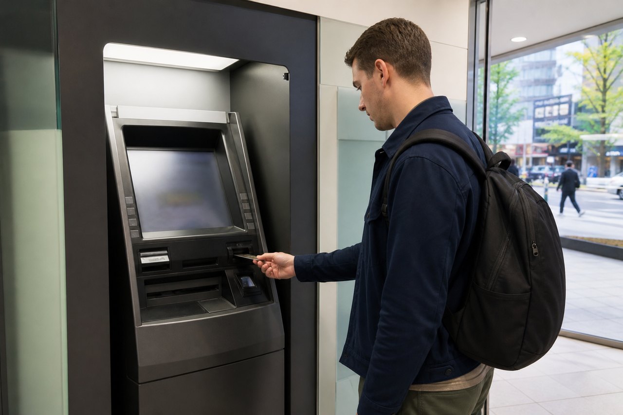 International traveler using a global ATM in Seoul