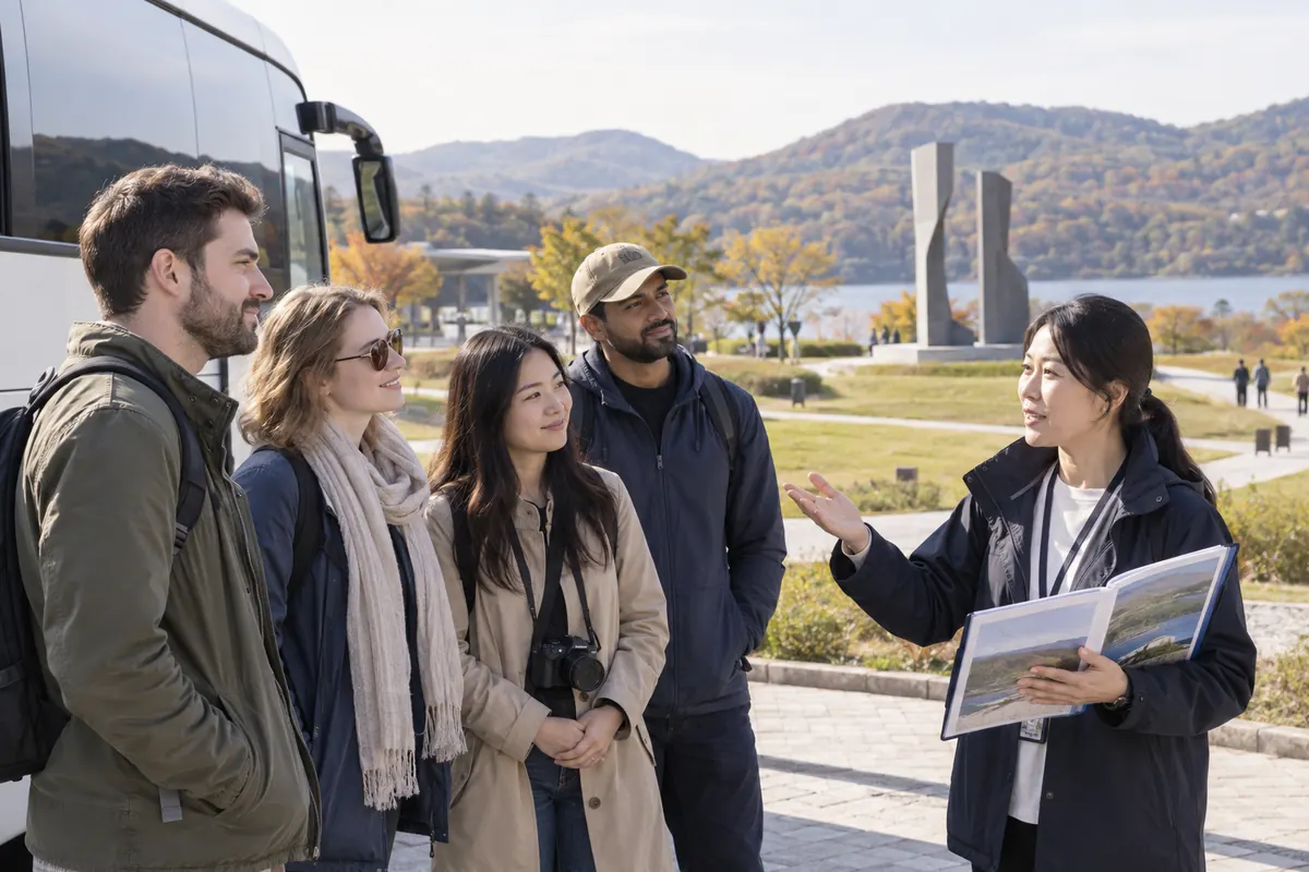 Illustration of travelers listening to a civilian guide beside a tour bus before a DMZ tour in Korea