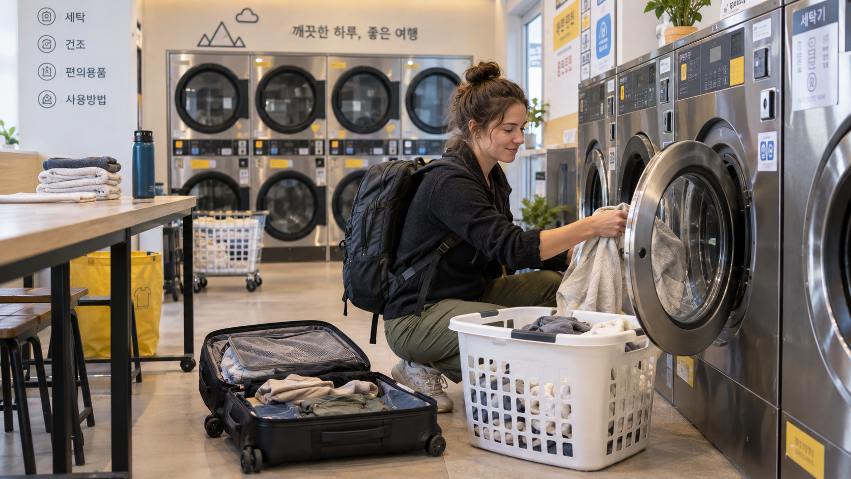 Korea laundry guide: international traveler using a self-service coin laundry