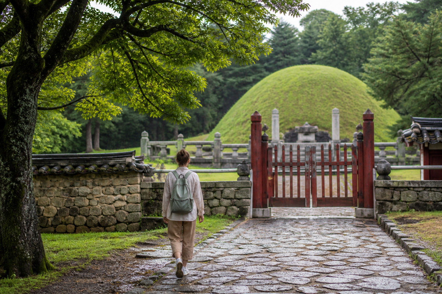 Gimhae travel guide scene of a traveler approaching a green Gaya royal tomb after rain