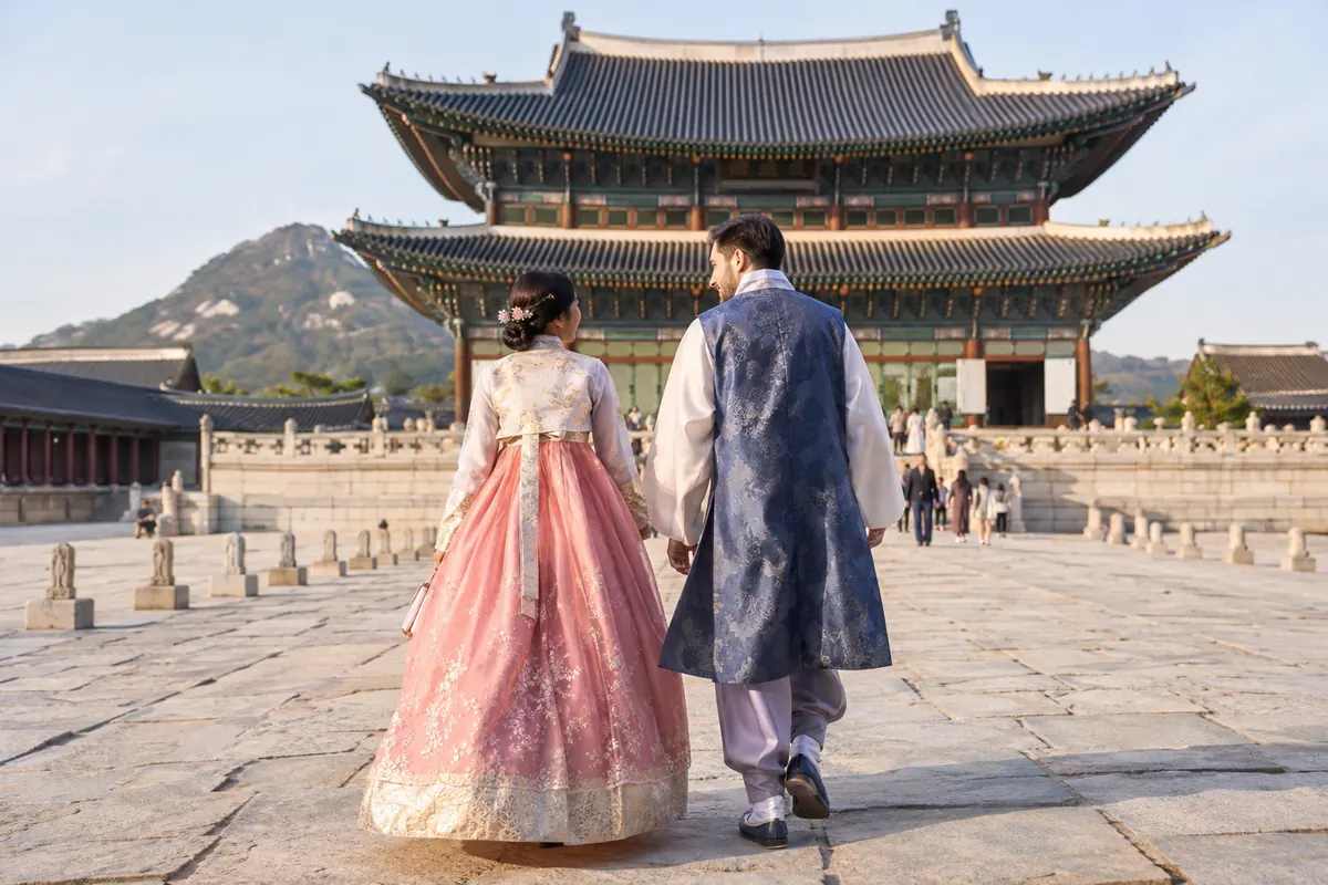 Gyeongbokgung hanbok rental visitors walking toward the palace
