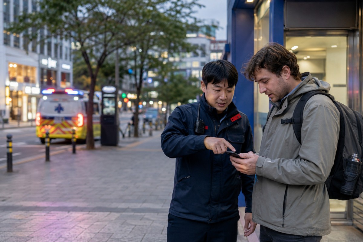 International traveler receiving emergency assistance from a Korean public safety officer