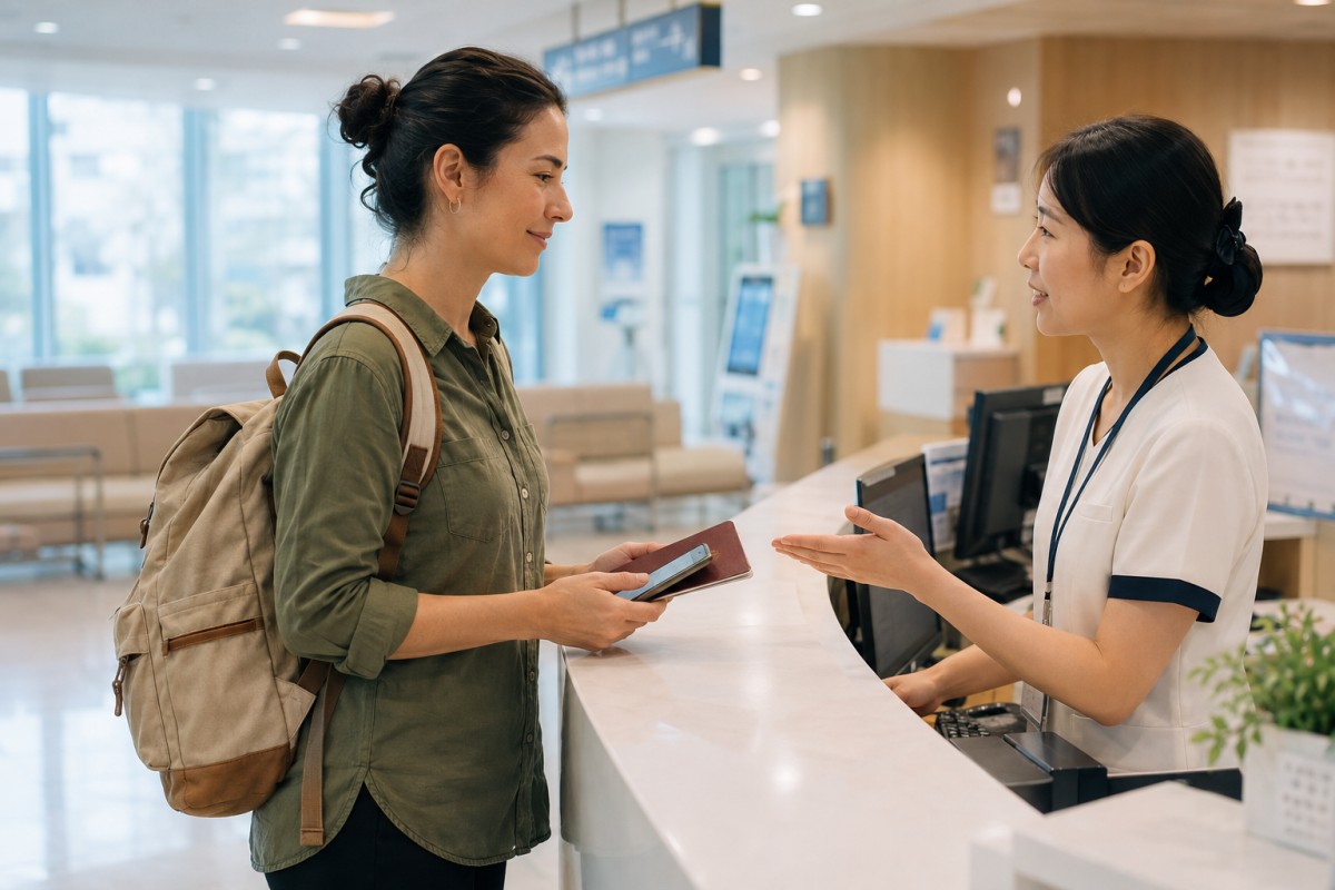 International traveler checking in at a hospital reception desk in Korea
