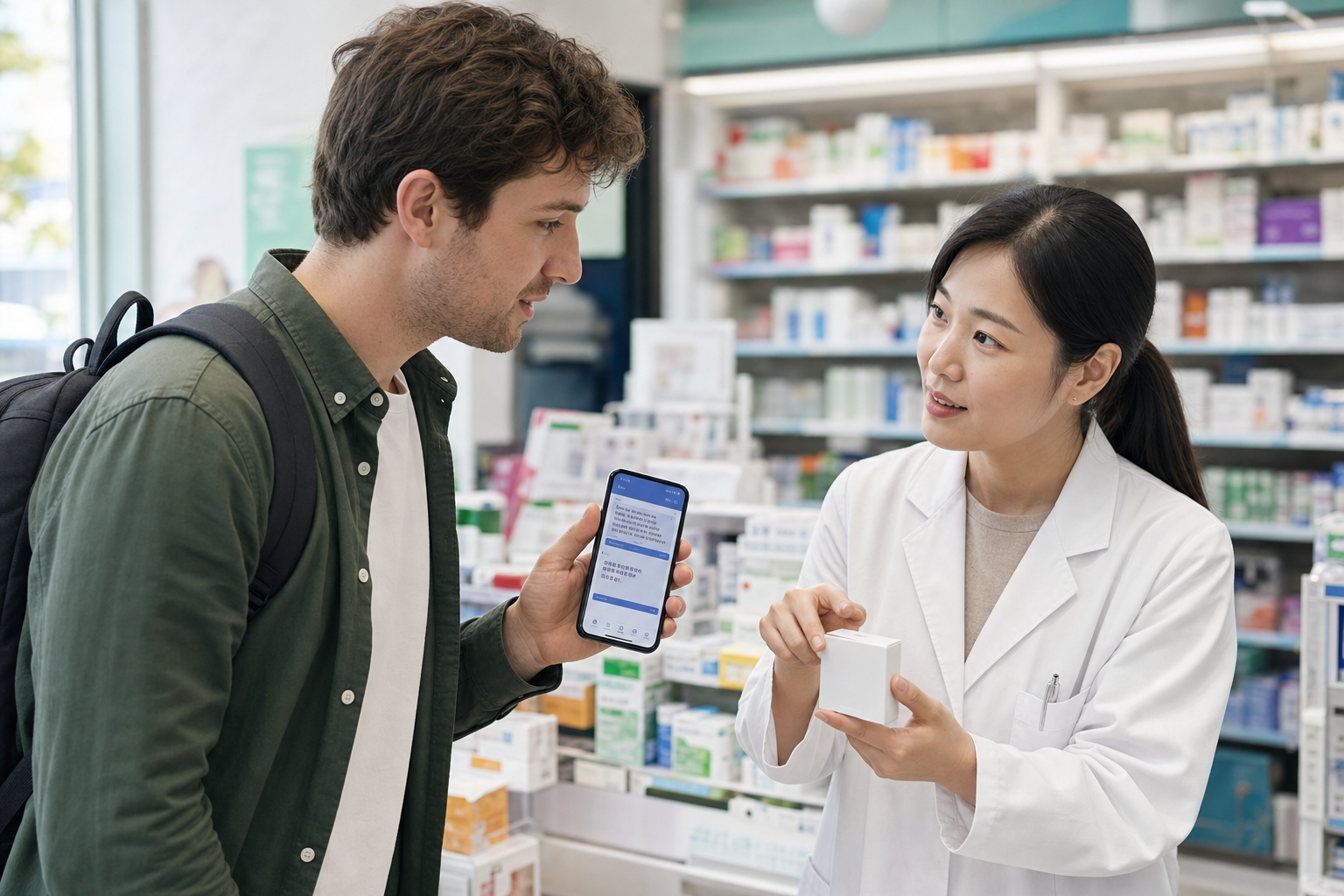 International traveler using a translation app with a pharmacist in Korea