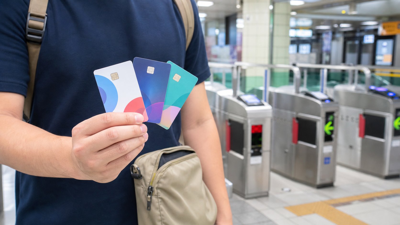 Traveler comparing three transportation cards at a Seoul subway gate