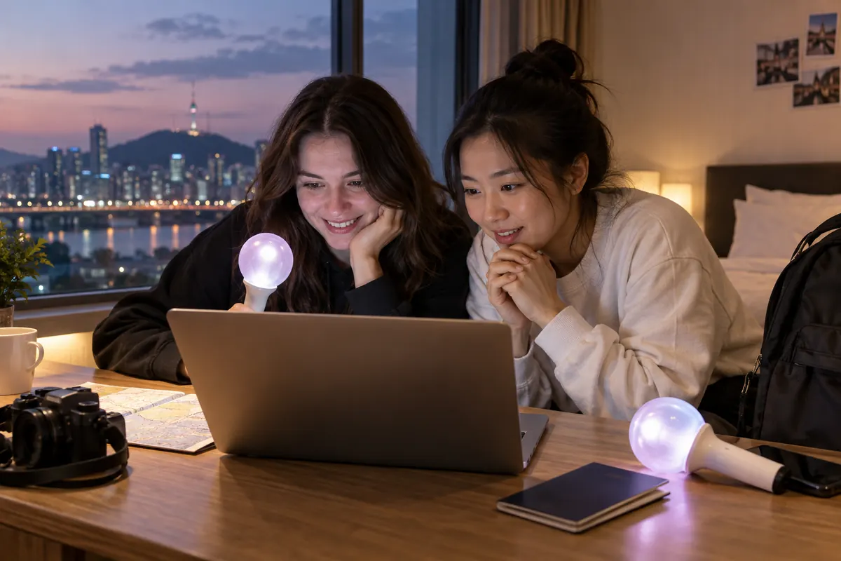Illustration of international fans preparing to buy K-pop concert tickets in Korea on a laptop