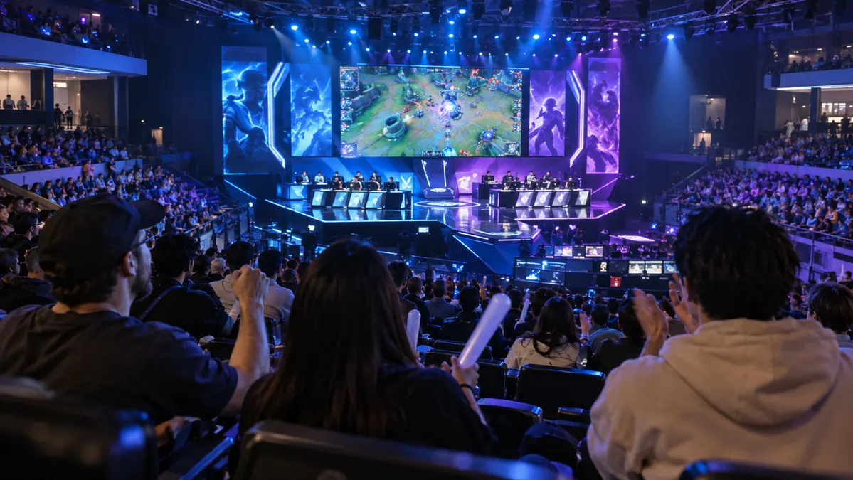 International visitors watching an esports match near LoL Park Seoul