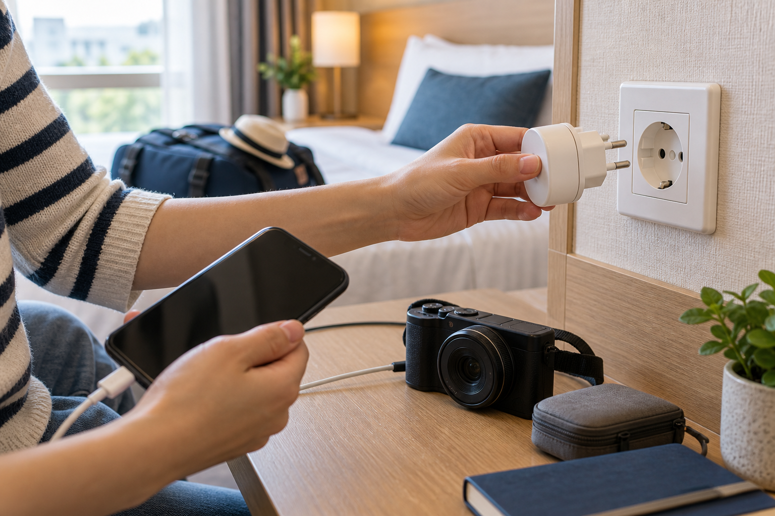 Traveler using a safe round-pin power adapter in a South Korean hotel