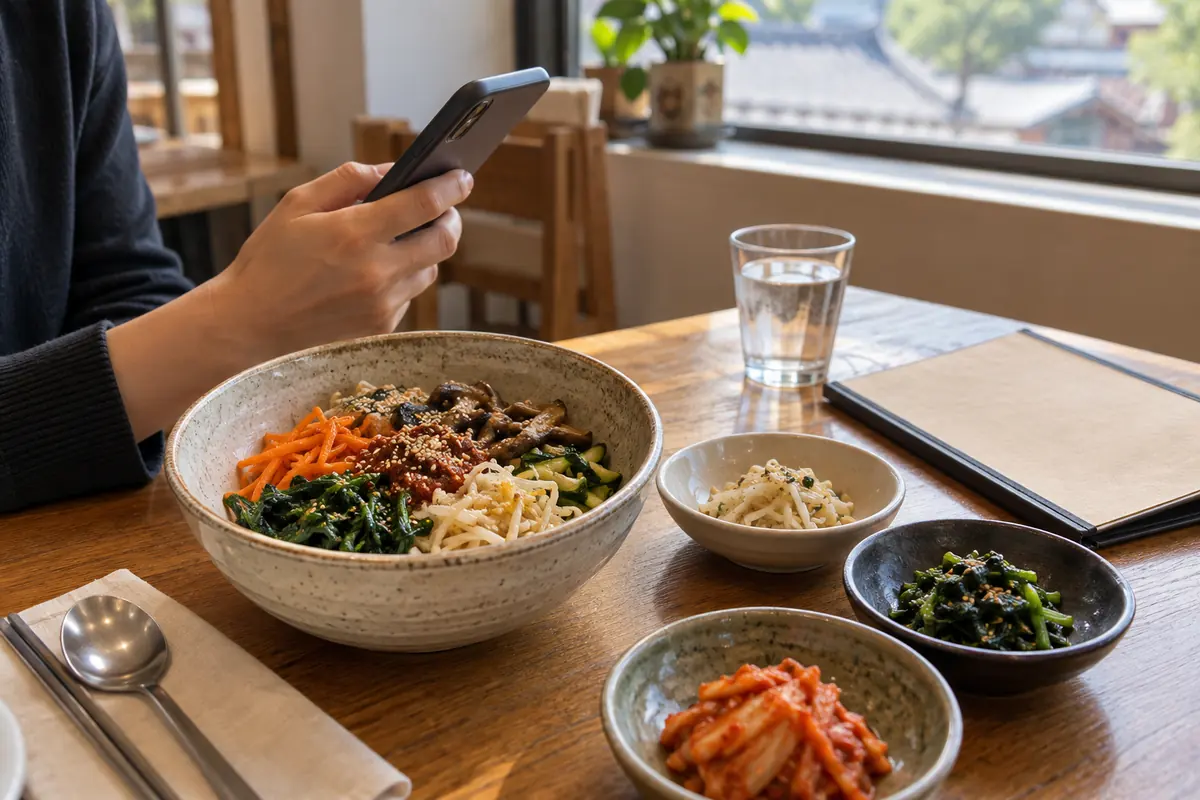 Illustrative Korean vegetable rice meal while a traveler checks ingredients on a phone
