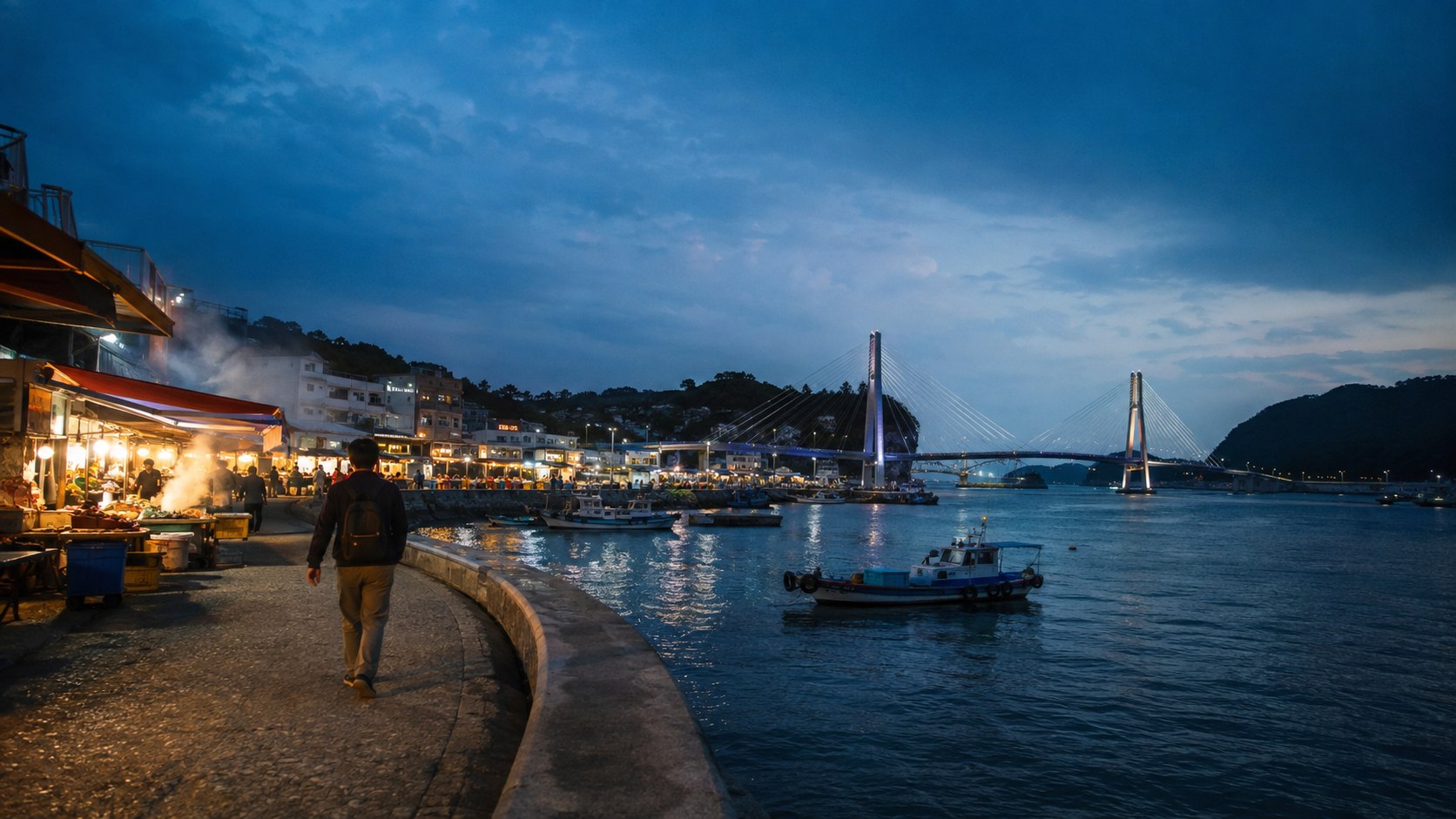 Traveler walking beside Yeosu harbor and seafood market at blue hour