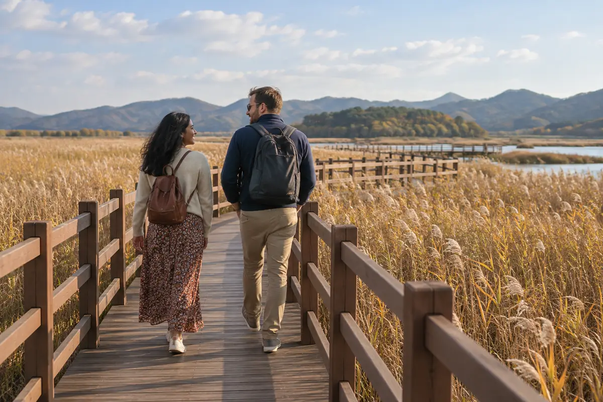 AI illustration for a Dadaepo sunset itinerary: international travelers on a reed-lined boardwalk