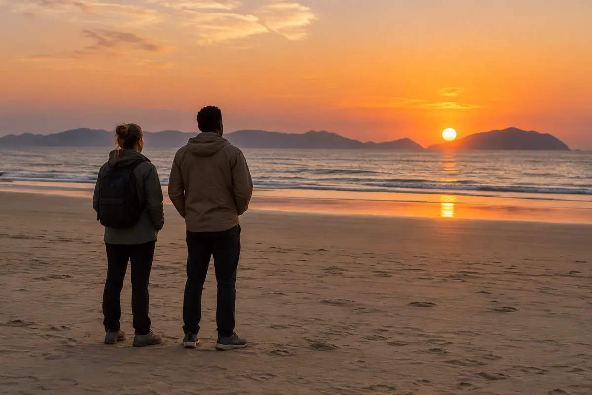 AI illustration of international travelers watching a beach sunset, inspired by Dadaepo