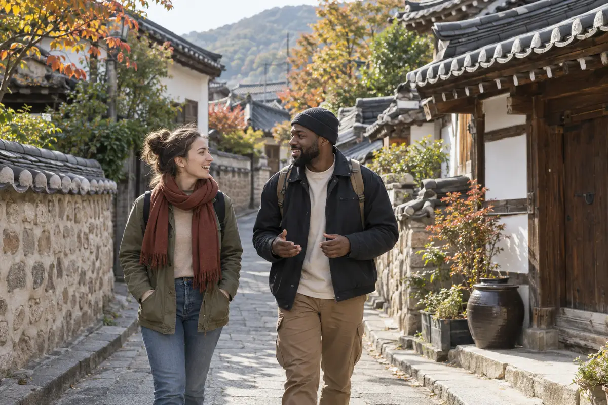 AI illustration for a Dongnae itinerary: international travelers beside traditional Korean walls