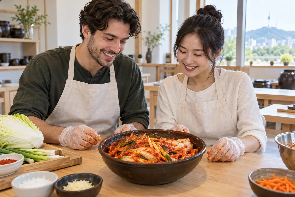 AI-generated travelers at a kimchi making class with napa cabbage kimchi