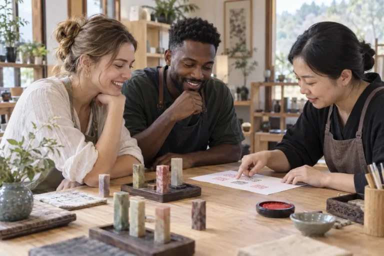 AI illustration of foreign travelers planning a Korean name stamp with an instructor