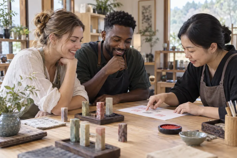 AI illustration of foreign travelers planning a Korean name stamp with an instructor