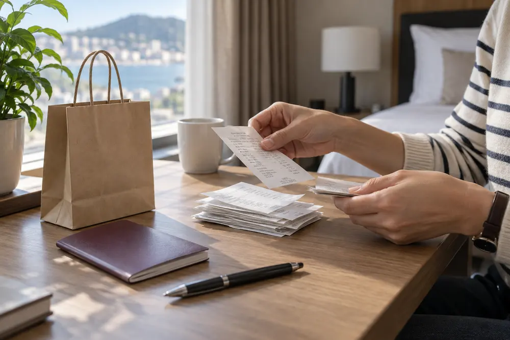AI-generated concept of organizing shopping receipts before a Korea tax refund departure check