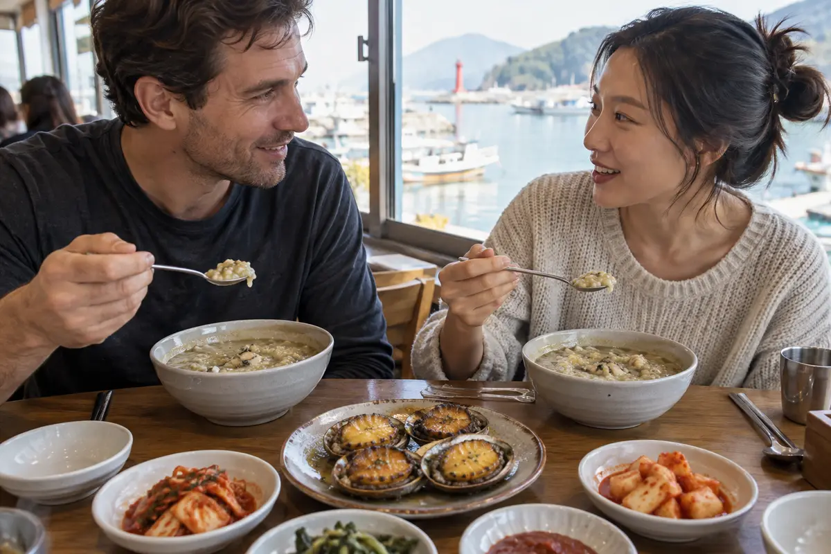 AI-generated international travelers sharing abalone porridge after a Haedong Yonggungsa visit